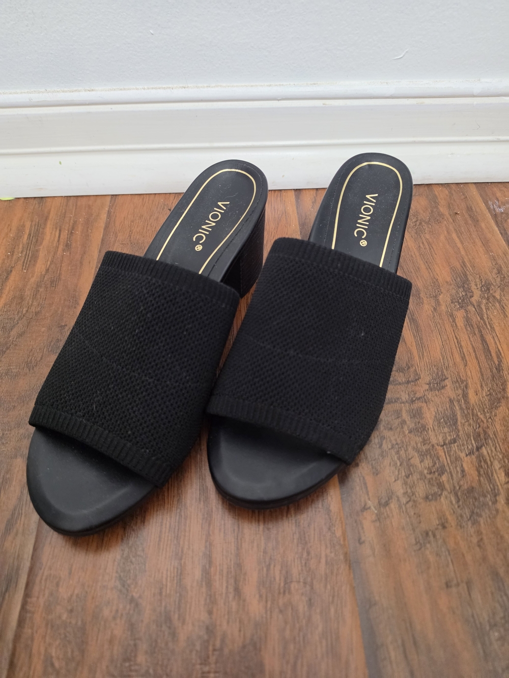 Vionic Fleur Black Knit Block Heel Slide Sandals Size 8.5